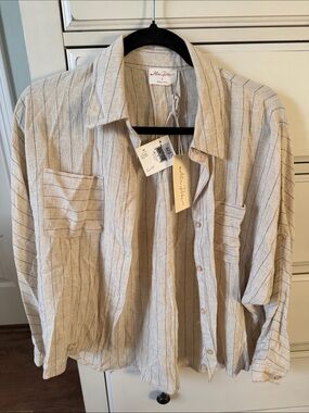 Aller Pliere Women's Cream Striped Button-Front Blouse